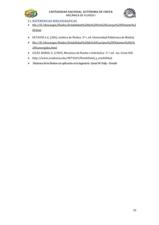 Universidad nacional autónoma de chota
MECÁNICA DE FLUIDOS I
21
11. REFERENCIAS BIBLIOGRAFICAS
➢ file://D:/descargas/fluidos/Estabilidad%20de%20Un%20Cuerpo%20Flotante%2
0f.html
➢ OCTAVIO L.G, (206). estática de fluidos: 3era, ed: Universidad Politécnica de Madrid.
➢ file://D:/descargas/fluidos/Estabilidad%20de%20Cuerpos%20Flotantes%20y%
20Sumergidos.html
➢ GILES, RONAL V, (1969). Mecánica de fluidos e hidráulica: 1era .ed: mc. Graw Hill.
➢ http://www.academia.edu/4874269/flotabilidad_y_estabilidad
➢ DinámicadelosfluidosconaplicaciónenlaIngeniería-JamesW.Daily–Donald
 