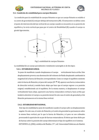 Universidad nacional autónoma de chota
MECÁNICA DE FLUIDOS I
6
5.4.- Condición de estabilidad para cuerpos flotantes
La condición para la estabilidad de cuerpos flotantes es que un cuerpo flotante es estable si
su centro de gravedad (G) está por debajo del metacentro (M). El metacentro se define como
el punto de intersección del eje vertical de un cuerpo cuando se encuentra en su posición de
equilibrio y la recta vertical que pasa por el centro de flotabilidad (B) cuando el cuerpo es
girado ligeramente.
1
Fig.2. estabilidad de cuerpos flotantes
La estabilidad de un cuerpo parcialmente o totalmente sumergido es de dos tipos:
5.4.1.- ESTABILIDAD LINEAL
Se pone de manifiesto cuando desplazamos el cuerpo verticalmente hacia arriba. Este
desplazamiento provoca una disminución del volumen de fluido desplazado cambiando la
magnitud de la fuerza de flotación correspondiente. Como se rompe el equilibrio existente
entre la fuerza de flotación yel peso del cuerpo (FF W), aparece una fuerza restauradora
de dirección vertical y sentido hacia abajo que hace que el cuerpo regrese a su posición
original, restableciendo así el equilibrio. De la misma manera, si desplazamos el cuerpo
verticalmente hacia abajo, aparecerá una fuerza restauradora vertical y hacia arriba que
tenderá a devolver el cuerpo a su posición inicial. En este caso el centro de gravedad yel de
flotación permanecen en la misma línea vertical.
5.4.2.- ESTABILIDAD ROTACIONAL.
Este tipo de estabilidad se pone de manifiesto cuando el cuerpo sufre un desplazamiento
angular. En este caso, el centro de flotación y el centro de gravedad no permanecen sobre
la misma línea vertical, por lo que la fuerza de flotación y el peso no son colineales
provocando la aparición de un par de fuerzas restauradoras. El efecto que tiene dicho par
de fuerzas sobre la posición del cuerpo determinará el tipo de equilibrio en el sistema:
OCTAVIO L.G, (206). estática de fluidos: 3era, ed: UniversidadPolitécnicade Madrid.
 