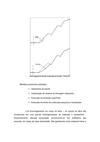 Escorregamento devido à evolução da erosão – Fonte IPT
Medidas preventivas adotadas:
• Abatimento do talude;
• Implantação de sistema de drenagem adequado;
• Execução de proteção superficial;
• Execução de obras de contenção pequenas e localizadas.
a.5) Escorregamento em corpo de tálus – os corpos de tálus são
constituídos por uma grande heterogeneidade de materiais e apresentam ,
freqüentemente, elevada porosidade, encontrando-se nos anfiteatros das
encostas, em áreas de baixa declividade. São geralmente muito instáveis frente a
 