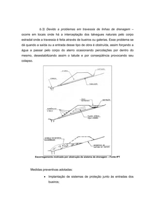 b.3) Devido a problemas em travessia de linhas de drenagem –
ocorre em locais onde há a interceptação dos talvegues naturais pelo corpo
estradal onde a travessia é feita através de bueiros ou galerias. Esse problema se
dá quando a saída ou a entrada desse tipo de obra é obstruída, assim forçando a
água a passar pelo corpo do aterro ocasionando percolações por dentro do
mesmo, desestabilizando assim o talude e por conseqüência provocando seu
colapso.
Escorregamento motivado por obstrução de sistema de drenagem – Fonte IPT
Medidas preventivas adotadas:
• Implantação de sistemas de proteção junto às entradas dos
bueiros;
 