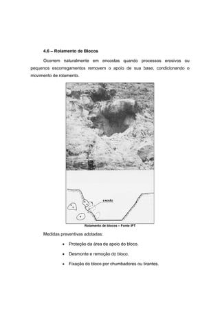 4.6 – Rolamento de Blocos
Ocorrem naturalmente em encostas quando processos erosivos ou
pequenos escorregamentos removem o apoio de sua base, condicionando o
movimento de rolamento.
Rolamento de blocos – Fonte IPT
Medidas preventivas adotadas:
• Proteção da área de apoio do bloco.
• Desmonte e remoção do bloco.
• Fixação do bloco por chumbadores ou tirantes.
 