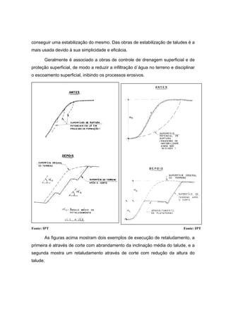 conseguir uma estabilização do mesmo. Das obras de estabilização de taludes é a
mais usada devido à sua simplicidade e eficácia.
Geralmente é associado a obras de controle de drenagem superficial e de
proteção superficial, de modo a reduzir a infiltração d´água no terreno e disciplinar
o escoamento superficial, inibindo os processos erosivos.
As figuras acima mostram dois exemplos de execução de retaludamento, a
primeira é através de corte com abrandamento da inclinação média do talude, e a
segunda mostra um retaludamento através de corte com redução da altura do
talude.
Fonte: IPTFonte: IPT
 