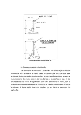 Muros de concreto armado – Fonte IPT
b) Obras especiais de estabilização
b.1) Tirantes e chumbadores – os tirantes tem como objetivo ancorar
massas de solo ou blocos de rocha, pelos incrementos de força gerados pela
protensão destes elementos, que transmitem os esforços diretamente a uma zona
mais resistente do maciço através de fios, barras ou cordoalhas de aço. Já os
chumbadores são barras de aço fixados com calda de cimento ou resina, com o
objetivo de conter blocos isolados ou fixar obras de concreto armado sem o uso de
protensão. A figura abaixo ilustra os detalhes de um tirante e exemplos de
aplicação.
 