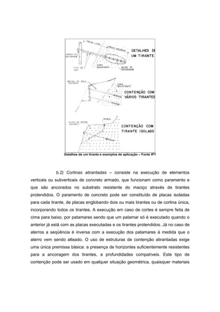 Detalhes de um tirante e exemplos de aplicação – Fonte IPT
b.2) Cortinas atirantadas – consiste na execução de elementos
verticais ou subverticais de concreto armado, que funcionam como paramento e
que são ancorados no substrato resistente do maciço através de tirantes
protendidos. O paramento de concreto pode ser constituído de placas isoladas
para cada tirante, de placas englobando dois ou mais tirantes ou de cortina única,
incorporando todos os tirantes. A execução em caso de cortes é sempre feita de
cima para baixo, por patamares sendo que um patamar só é executado quando o
anterior já está com as placas executadas e os tirantes protendidos. Já no caso de
aterros a seqüência é inversa com a execução dos patamares à medida que o
aterro vem sendo alteado. O uso de estruturas de contenção atirantadas exige
uma única premissa básica: a presença de horizontes suficientemente resistentes
para a ancoragem dos tirantes, a profundidades compatíveis. Este tipo de
contenção pode ser usado em qualquer situação geométrica, quaisquer materiais
 