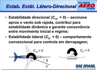 EEssttaabb.. EEssttáátt.. LLáátteerroo--DDiirreecciioonnaall 
 Estabilidade direcional (Cnb > 0) – aeronave 
aproa o vento sob rajada, contribui para 
estabilidade dinâmica e garante consonância 
entre movimento inicial e regime; 
 Estabilidade lateral (Clb < 0) – comportamento 
convencional para controle em derrapagem; 
Cnb > 0 Clb < 0 
b 
V 
 