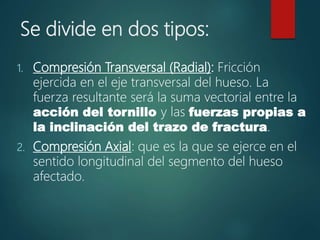 Se divide en dos tipos:
1. Compresión Transversal (Radial): Fricción
ejercida en el eje transversal del hueso. La
fuerza resultante será la suma vectorial entre la
acción del tornillo y las fuerzas propias a
la inclinación del trazo de fractura.
2. Compresión Axial: que es la que se ejerce en el
sentido longitudinal del segmento del hueso
afectado.
 
