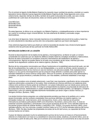 Por el contrario la ligazón Arcilla-Materia Orgánica ha merecido mayor cantidad de estudios y también en nuestro
laboratorio hemos obtenido buenas ligazones Arcilla-Materia Orgánica-Arcilla. Estas ligazones como vimos
anteriormente, dependen del tipo de arcilla y también de la parte involucrada de la arcilla, sea cara o borde,
pudiéndose dar cuatro tipos de situaciones, todas con diverso grado de fortaleza en el enlace:

Cara-MO-Cara;
Borde-MO-Cara;
Borde-MO-Borde;
Borde-Cara;

De estas ligazones, la última no es una ligazón con Materia Orgánica, y cristalográficamente no tiene importancia
por cuanto no constituye ningún mineral definido. Se trata solamente de débiles y eventuales cargas
electrostáticas.

Los otros tipos de ligazones, tienen marcada importancia en la estabilidad estructural de los suelos y hasta hoy
se viene estudiando la naturaleza química del o los compuestos orgánicos que hacen esta ligazón.

A las anteriores ligazones habría que añadir por cierto la necesidad de estudiar mas a fondo la fuerte ligazón
existente entre las partículas del tipo particular de Arcilla Alofana-MO.

NATURALEZA QUÍMICA DE LA LIGAZÓN

Durante la descomposición de los tejidos de las plantas y microorganismos, se liberan al suelo un número
considerable de sustancias que van desde los alifáticos simples hasta los complejos aromáticos y heterocíclicos.
Muchos de estos compuestos se consideran productos intermediarios del metabolismo de plantas y
microorganismos. Algunos se pueden liberar en el suelo como exudados de las raíces, mientras que otros
resultan de la degradación oxidativa de la materia orgánica. (Burbano, 1990)

Muchos de los compuestos mencionados que influyen fuertemente en la estabilidad estructural del suelo, son del
tipo de los polisacáridos, los cuales son a su vez biodegradables, y su acción es efímera, siendo necesario un
continuo reabastecimiento de los mismos en aras de mantener una estructura estable. Este reabastecimiento
implica a su vez que los microorganismos que los producen tenga alimento o sustrato para poder ejercer su
actividad metabólica en forma continua a largo plazo. Otros por el contrario, de estructuras mas polimerizadas y
complejas, con grupos fenólicos y radicales amínicos, son mas estables, confiriendo estabilidad a mas largo
plazo.

El Humus se considera como el estado estacionario, cuasi final, mas importante y significativo de los compuestos
orgánicos adicionados y presentes en los suelos. Esta constituido por diversos polímeros con eslabones tanto
cíclicos como acíclicos y diverso grado de ramificación, con pesos moleculares que van desde pocos cientos de
unidades hasta varios cientos de miles. En la figura correspondiente se presenta una propuesta de estructura de
las sustancias húmicas, destacándose un núcleo central de carácter aromático-pirrólico, con Nitrógeno y Oxígeno
heterocíclico, junto con cadenas laterales fácilmente hidrolizables que darían origen a ácidos Fúlvicos y a
Nitrógeno Amídico. (Burbano, 1990)

Los ácidos húmicos típicos presentan una unidad elemental aromática que tiene en la periferia uno o varios
grupos funcionales, que les confieren propiedades físico-químicas definidas a la materia orgánica. Los
principales núcleos son: ácido benzoico, pirrol, benzoquinona, furano, pirina. Además se encuentran
hidrocarburos aromáticos polinucleares (HAP) como fenantreno, flouranteno, pireno entre otros. A veces se
presentan azúcares (sacáridos) y aminoácidos como grupos accesorios de los AH. Como radicales externos se
encuentran grupos ácidos de carácter fenólico y carboxílico (-OH, -COOH). Los grupos Amínicos (-NH2), como
radicales externos, son muy comunes y pueden contribuir hasta con el 70 % de los radicales externos del humus.
(Burbano, 1990). De ellos resultan las propiedades de acidez de los AH del humus y su capacidad de formar
uniones fuertes con el Calcio.

A pesar de haberse estudiado mucho la carácterización química de los humus con base en el fraccionamiento
obtenido en el laboratorio con base en su solubilidad en soluciones ácidas, alcalinas y de alcohol etílico, poco se
ha avanzado a partir de este punto. Mas por el contrario se ha avanzado por el conocimiento de su tipo de acción
 