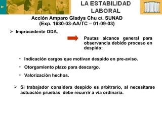 Acción Amparo Gladys Chu c/. SUNAD (Exp. 1630-03-AA/TC – 01-09-03) Improcedente DDA .  Si trabajador considera despido es arbitrario, al necesitarse actuación pruebas  debe recurrir a vía ordinaria. Indicación cargos que motivan despido en pre-aviso. Otorgamiento plazo para descargo. Valorización hechos. Pautas alcance general para observancia debido proceso en despido: 
