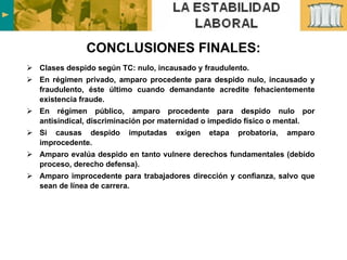 CONCLUSIONES FINALES: Clases despido según TC: nulo, incausado y fraudulento.  En régimen privado, amparo procedente para despido nulo, incausado y fraudulento, éste último cuando demandante acredite fehacientemente existencia fraude.  En régimen público, amparo procedente para despido nulo por antisindical, discriminación por maternidad o impedido físico o mental. Si causas despido imputadas exigen etapa probatoria, amparo improcedente. Amparo evalúa despido en tanto vulnere derechos fundamentales (debido proceso, derecho defensa). Amparo improcedente para trabajadores dirección y confianza, salvo que sean de línea de carrera. 