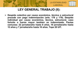 LEY GENERAL TRABAJO (II): Despido colectivo por causa económica, técnica o estructural procede con pago indemnización (arts. 176 y 179). Despido individual por causa económica, técnica, estructural, caso fortuito o fuerza mayor tambien es indemnizado. Pautas comunes: 22 jornales/año hasta 8 años, 10 jornales/año hasta 12 años y 7 jornales/año hasta 16 años. Tope 20 UIT. 