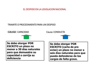TRAMITE O PROCEDIMIENTO PARA UN DESPIDO
causa: CAPACIDAD Causa: CONDUCTA
Se debe otorgar POR
ESCRITO un plazo no
menor a 30 días naturales
para que demuestre su
capacidad o corrija su
deficiencia
Se debe otorgar POR
ESCRITO (carta de pre
aviso) un plazo no menor a
seis días naturales para que
pueda defenderse de los
cargos de falta grave.
EL DESPIDO EN LA LEGISLACION NACIONAL
 