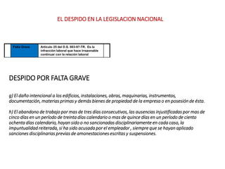 DESPIDO POR FALTA GRAVE
g) El daño intencional a los edificios, instalaciones, obras, maquinarias, instrumentos,
documentación, materias primas y demás bienes de propiedad de la empresa o en posesión de ésta.
h) El abandono de trabajo por mas de tres días consecutivos, las ausencias injustificadas por mas de
cinco días en un período de treinta días calendario o mas de quince días en un período de ciento
ochenta días calendario, hayan sido o no sancionadas disciplinariamente en cada caso, la
impuntualidad reiterada, si ha sido acusada por el empleador , siempre que se hayan aplicado
sanciones disciplinarias previas de amonestaciones escritas y suspensiones.
Falta Grave Artículo 25 del D.S. 003-97-TR. Es la
infracción laboral que hace irrazonable
continuar con la relación laboral
EL DESPIDO EN LA LEGISLACION NACIONAL
 