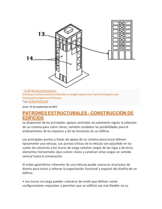 - 11:30 Nohay comentarios:
Enviarpor correo electrónicoEscribe unblogCompartirconTwitterCompartircon
FacebookCompartirenPinterest
Tags CONSTRUCCION
lunes, 16 de septiembre de 2013
PATRONES ESTRUCTURALES - CONSTRUCCIÓN DE
EDIFICIOS
La disposiciór de los prircipales apoyos verticales no solamente regula la selección
de un sistema para cubrir claros, también establece las posibilidades para el
ordenamiento de los espacios y de las funciones en un edificio.
Los principales puntos y líneas de apoyo de un sistema estructural definen
típicamente una retícula. Los puntos críticos de la retícula son ao[uello6 en los
cuales las columnas y los muros de carga colectan cargas de las vigas y de otros
elementos horizontales o[ue cubren claros y canalizan estas cargas en sentido
vertical hasta la cimentación.
El orden geométrico inherente de una retícula puede usarse en el proceso de
diserío para iniciar y reforzar la organización funcional y espacial del disePio de un
edificio.
• Los muros sin carga pueden colocarse de modo que definan varias
configuraciones espaciales y permitan que un edificio sea más flexible en su
 