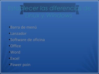 Establecer las diferencias de
Linux y Windows
•Barra de menú
•Lanzador
•Software de oficina
•Office
•Word
•Excel
•Pawer poin
 