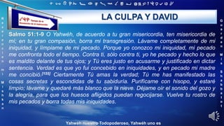 ‫ת‬ ‫ש‬ ‫ר‬ ‫ק‬ ‫צ‬ ‫פ‬ ‫ע‬ ‫ס‬ ‫נ‬ ‫מ‬ ‫ל‬ ‫כ‬ ‫י‬ ‫ט‬ ‫ח‬ ‫ז‬ ‫ו‬ ‫ה‬ ‫ד‬ ‫ג‬ ‫ב‬ ‫א‬
R
e
v
e
r
e
n
c
i
e
n
m
i
M
i
s
h
k
a
n
G
u
a
r
d
e
n
M
i
s
S
h
a
b
b
a
t
o
t
Yahwéh nuestro Todopoderoso, Yahwéh uno es
LA CULPA Y DAVID
Salmo 51:1-9 O Yahwéh, de acuerdo a tu gran misericordia, ten misericordia de
mí; en tu gran compasión, borra mi transgresión. Lávame completamente de mi
iniquidad, y límpiame de mi pecado. Porque yo conozco mi iniquidad, mi pecado
me confronta todo el tiempo. Contra ti, sólo contra ti, yo he pecado y hecho lo que
es maldito delante de tus ojos; y Tú eres justo en acusarme y justificado en dictar
sentencia. Verdad es que yo fui concebido en iniquidades, y en pecado mi madre
me concibió.[155] Ciertamente Tú amas la verdad; Tú me has manifestado las
cosas secretas y escondidas de tu sabiduría. Purifícame con hisopo, y estaré
limpio; lávame y quedaré más blanco que la nieve. Déjame oír el sonido del gozo y
la alegría, para que los huesos afligidos puedan regocijarse. Vuelve tu rostro de
mis pecados y borra todas mis iniquidades.
 