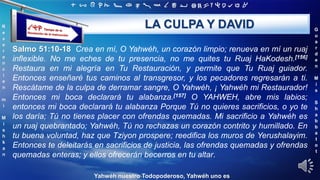 ‫ת‬ ‫ש‬ ‫ר‬ ‫ק‬ ‫צ‬ ‫פ‬ ‫ע‬ ‫ס‬ ‫נ‬ ‫מ‬ ‫ל‬ ‫כ‬ ‫י‬ ‫ט‬ ‫ח‬ ‫ז‬ ‫ו‬ ‫ה‬ ‫ד‬ ‫ג‬ ‫ב‬ ‫א‬
R
e
v
e
r
e
n
c
i
e
n
m
i
M
i
s
h
k
a
n
G
u
a
r
d
e
n
M
i
s
S
h
a
b
b
a
t
o
t
Yahwéh nuestro Todopoderoso, Yahwéh uno es
LA CULPA Y DAVID
Salmo 51:10-18 Crea en mí, O Yahwéh, un corazón limpio; renueva en mí un ruaj
inflexible. No me eches de tu presencia, no me quites tu Ruaj HaKodesh.[156]
Restaura en mi alegría en Tu Restauración, y permite que Tu Ruaj guiador.
Entonces enseñaré tus caminos al transgresor, y los pecadores regresarán a ti.
Rescátame de la culpa de derramar sangre, O Yahwéh, ¡ Yahwéh mi Restaurador!
Entonces mi boca declarará tu alabanza.[157] O YAHWEH, abre mis labios;
entonces mi boca declarará tu alabanza Porque Tú no quieres sacrificios, o yo te
los daría; Tú no tienes placer con ofrendas quemadas. Mi sacrificio a Yahwéh es
un ruaj quebrantado; Yahwéh, Tú no rechazas un corazón contrito y humillado. En
tu buena voluntad, haz que Tziyon prospere; reedifica los muros de Yerushalayim.
Entonces te deleitarás en sacrificios de justicia, las ofrendas quemadas y ofrendas
quemadas enteras; y ellos ofrecerán becerros en tu altar.
 