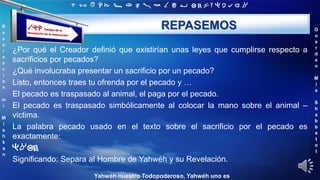 ‫ת‬ ‫ש‬ ‫ר‬ ‫ק‬ ‫צ‬ ‫פ‬ ‫ע‬ ‫ס‬ ‫נ‬ ‫מ‬ ‫ל‬ ‫כ‬ ‫י‬ ‫ט‬ ‫ח‬ ‫ז‬ ‫ו‬ ‫ה‬ ‫ד‬ ‫ג‬ ‫ב‬ ‫א‬
R
e
v
e
r
e
n
c
i
e
n
m
i
M
i
s
h
k
a
n
G
u
a
r
d
e
n
M
i
s
S
h
a
b
b
a
t
o
t
Yahwéh nuestro Todopoderoso, Yahwéh uno es
REPASEMOS
¿Por qué el Creador definió que existirían unas leyes que cumplirse respecto a
sacrificios por pecados?
¿Qué involucraba presentar un sacrificio por un pecado?
Listo, entonces traes tu ofrenda por el pecado y …
El pecado es traspasado al animal, el paga por el pecado.
El pecado es traspasado simbólicamente al colocar la mano sobre el animal –
victima.
La palabra pecado usado en el texto sobre el sacrificio por el pecado es
exactamente:
‫טאה‬ ַ
‫ח‬
Significando: Separa al Hombre de Yahwéh y su Revelación.
 