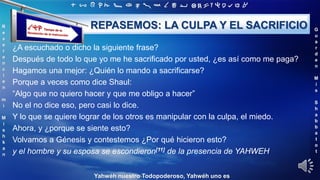 ‫ת‬ ‫ש‬ ‫ר‬ ‫ק‬ ‫צ‬ ‫פ‬ ‫ע‬ ‫ס‬ ‫נ‬ ‫מ‬ ‫ל‬ ‫כ‬ ‫י‬ ‫ט‬ ‫ח‬ ‫ז‬ ‫ו‬ ‫ה‬ ‫ד‬ ‫ג‬ ‫ב‬ ‫א‬
R
e
v
e
r
e
n
c
i
e
n
m
i
M
i
s
h
k
a
n
G
u
a
r
d
e
n
M
i
s
S
h
a
b
b
a
t
o
t
Yahwéh nuestro Todopoderoso, Yahwéh uno es
REPASEMOS: LA CULPA Y EL SACRIFICIO
¿A escuchado o dicho la siguiente frase?
Después de todo lo que yo me he sacrificado por usted, ¿es así como me paga?
Hagamos una mejor: ¿Quién lo mando a sacrificarse?
Porque a veces como dice Shaul:
“Algo que no quiero hacer y que me obligo a hacer”
No el no dice eso, pero casi lo dice.
Y lo que se quiere lograr de los otros es manipular con la culpa, el miedo.
Ahora, y ¿porque se siente esto?
Volvamos a Génesis y contestemos ¿Por qué hicieron esto?
y el hombre y su esposa se escondieron[11] de la presencia de YAHWEH
 