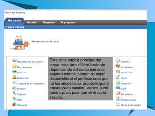 Esta es la página principal del curso; esta área difiere bastante dependiendo del curso que sea; algunos iconos pueden no estar disponibles si el profesor cree que no los necesita, es probable que el encabezado cambie. Vamos a ver paso a paso para que sirve cada sección.  