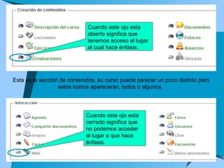 Esta es la sección de contenidos, su curso puede parecer un poco distinto pero estos iconos aparecerán, todos o algunos.  Cuando este ojo esta abierto significa que tenemos acceso al lugar al cual hace énfasis.  Cuando este ojo esta cerrado significa que no podemos acceder al lugar a que hace énfasis. 