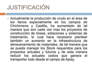 JUSTIFICACIÓNActualmente la producción de crudo en el área de los llanos especialmente en los campos de Chichimene y Castilla, ha aumentado de tal manera que son cada vez mas los proyectos de construcción de líneas, estaciones y sistemas de tratamiento, lo cual hace necesario plantear también un aumento en la infraestructura de almacenamiento de materiales, de tal manera que se pueda manejar los Stock requeridos para los proyectos actuales y futuros y de esta manera reducir los actuales costos que genera el transportar todo desde el campo de Apiay. 