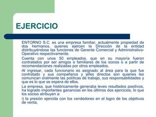 EJERCICIO
ENTORNO S.C. es una empresa familiar, actualmente propiedad de
dos hermanos, quienes ejercen la Dirección de la entidad
distribuyéndose las funciones de Gerente Comercial y Administrativo-
Operativo respectivamente.
Cuenta con unos 50 empleados, que en su mayoría fueron
contratados por ser amigos o familiares de los socios o a partir de
recomendaciones realizadas por otros empleados.
Al ingresar, cada funcionario es asignado al área para la que fue
contratado y sus compañeros y jefes directos son quienes les
comunican oralmente las políticas de trabajo, sus responsabilidades y
que es lo que se espera de ellos.
La empresa, que históricamente generaba leves resultados positivos,
ha logrado importantes ganancias en los últimos dos ejercicios, lo que
los socios atribuyen a:
i) la presión ejercida con los vendedores en el logro de los objetivos
de venta,
 