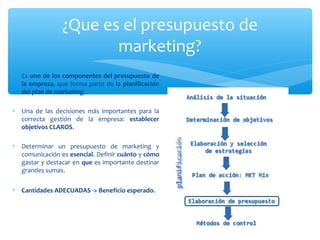 ¿Que es el presupuesto de
marketing?
∗ Es uno de los componentes del presupuesto de
la empresa, que forma parte de la planificación
del plan de marketing.
∗ Una de las decisiones más importantes para la
correcta gestión de la empresa: establecer
objetivos CLAROS.
∗ Determinar un presupuesto de marketing y
comunicación es esencial. Definir cuánto y cómo
gastar y destacar en que es importante destinar
grandes sumas.
∗ Cantidades ADECUADAS -> Beneficio esperado.

 