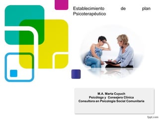 M.A. Marta Cuyuch
Psicóloga y Consejera Clínica
Consultora en Psicología Social Comunitaria
Establecimiento de plan
Psicoterapéutico
 