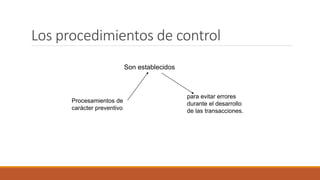 Los procedimientos de control
Son establecidos
Procesamientos de
carácter preventivo
para evitar errores
durante el desarrollo
de las transacciones.
 