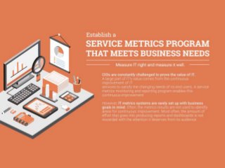 Establish a Service Metrics Program That Meets Business Needs
Measure IT right and measure it well.
CIOs are constantly challenged to prove the value of IT. A large part of IT’s value comes from the continuous improvement of IT services to
satisfy the changing needs of its end users.
A service metrics monitoring and reporting program enables the continuous improvement of IT services.
However, IT metrics systems are rarely set up with business goals in mind. Often, the metrics results are not used to identify areas for
continuous improvement. Almost always, the amount of effort that goes into producing reports and dashboards is not rewarded with the
attention it deserves from its audience.
Metrics must be presented in business terms. Collecting and presenting metrics is not difficult; collecting relevant data and translating it
into business terms for the right audience is the real challenge.
Metrics will drive behavior. Be careful when setting targets as metrics can influence behavior in unexpected ways, resulting in undesired and
unexpected consequences.
The success of your metrics program rests on understanding why you want the program in the first place.
It’s not enough to meet business objectives, you also need to optimize metrics maturity to most efficiently collect the right metrics.
Metrics should not be collected simply because they are convenient; the right metrics should be used to generate actionable results for
both the business and for IT.
The key to effectively communicating on metrics is by reporting only the relevant data. A bit of art is required to correctly translate IT
metrics into business-relevant terms.
Customize reports for each audience. The executive levels are looking for different information than the business unit leaders are. Take the
time to present the correct information to each audience.
Metrics can be an opportunity to demonstrate the value of IT; be prepared to show the right metrics. You don’t want business units to
have the wrong impression of IT.
Continually update your metrics program. As the business strategy, objectives, or audience changes, your metrics program should be
updated to reflect such changes and to remain relevant. All of these insights are repeated in the project steps below. They have more
context below and so I would rather see them there. So please disregard this section.
 
