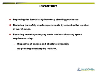 INVENTORY 
Improving the forecasting/inventory planning processes. 
Reducing the safety stock requirements by reducing the number of warehouses. 
Reducing inventory carrying costs and warehousing space requirements by: 
―Disposing of excess and obsolete inventory. 
―Re-profiling inventory by location.  