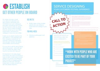 4 1
     DELIVER DISCOVER

          3 2
     DEVELOP DEFINE




                        ESTABLISH
GET OTHER PEOPLE ON BOARD
No matter how big or small
your idea is it’s important you
                                           USE ME TO:
gain support, enthusiasm and
confidence from your colleagues            •	 Build	a	team	of	like	minded	
and peers. Sometimes this is tricky           people	who	are	willing	to	
so this is a tool to help you along           invest	time	and	energy	in	your	
the way. This is a blank template             idea
that you can pin up on your office
notice board, mail around to
colleague or hand out over coffee.
                                           YOU WILL NEED:
                                           •	 Infectious	enthusiasm	and	
It asks you to specify exactly what
your idea is in 140 characters and
                                              patience
then complete a wanted ad. For
example: “looking for individuals
who are open minded, risk taking
and excellent communicators.”

It is your job to sell the idea of being
part of this project - what will I get
out of it? What will I learn? How
much of my time will it take up?

It’s important in the early stages
                                                                                “WORK WITH PEOPLE WHO ARE
when trying new ways of working to
have an open minded team who are
willing to try things a bit differently.
                                                                                EXCITED TO BE PART OF YOUR
Build yourself an engaging getting
people on board tool, and set a
unique task (i.e draw yourself and
                                                                                PROJECT”
see how people respond )
 