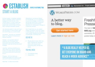 4 1
     DELIVER DISCOVER

          3 2
     DEVELOP DEFINE




                        ESTABLISH                 EVENTS/PLATFORMS/TOOL

START A BLOG
During a project, a regularly updated     attempting to use service design
blog is a fantastic means of dynamic      for the festivals, e.g. It is important
engagement with the rest of the           to use service design to identify the
cultural sector. It is also a great way   fall through points from a customer
to document the progress of your          perspective to avoid focussing
project and communicate with other        resources on unnecessary changes to
team members/interested parties.          a particular process.

You may have plenty to say but if your    Don’t forget that you can embed
not sure what to communicate, here        images, quotations, links and videos
are some things you could include:        in your blog post, as this will make it
                                          more visually interesting (photographs
Successes - and how you achieved          of prototypes, workshops etc)
them, e.g. Results of shadowing a
festival customer.
                                          USE ME TO:
Failures - and possible reasons/
solutions, e.g. The single mum            •	 People	like	to	hear	what	you	
focus group was poorly attended,             think.	People	like	opinions.	
because it was held during the school        Write	with	passion	and	
holidays.                                    everything	else	will	fall	into	

Learning - perhaps something you
didn’t know, e.g. That it’s important
                                             place.

                                          YOU WILL NEED:
                                                                                    “A BLOG REALLY HELPED US
                                                                                    GET EVERYONE ON BOARD AND
to find out if other festival teams are
surveying schools at the same time
as you.                                   •	 A	wordpress	blog
                                          •	 Imagination
Progress - did you meet your
milestones/targets this month? If not,
why not? Or did you exceed them?
                                                                                    REACH A WIDER AUDIENCE”
Warnings - to help anyone else
 
