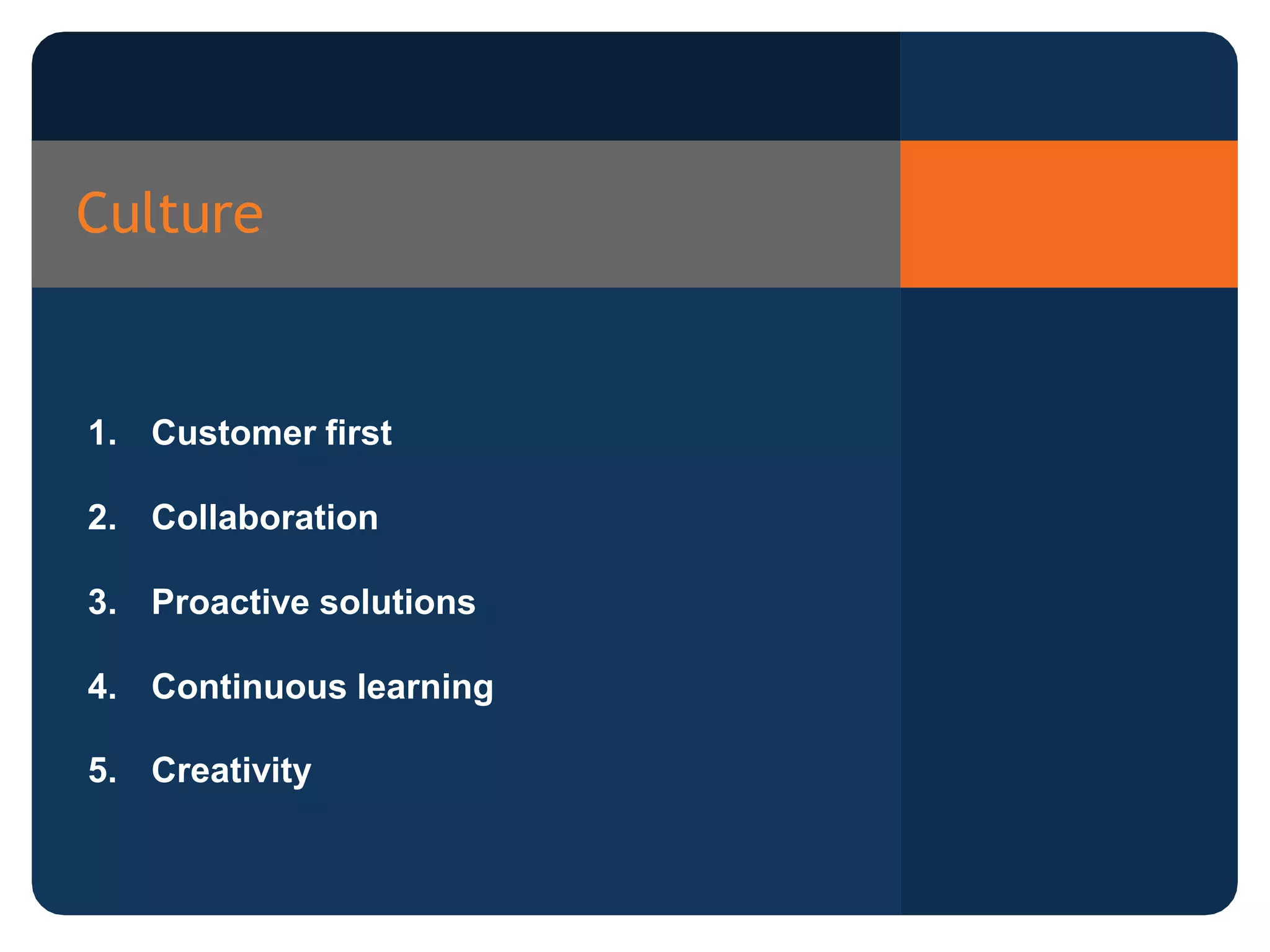 Culture
1. Customer first
2. Collaboration
3. Proactive solutions
4. Continuous learning
5. Creativity