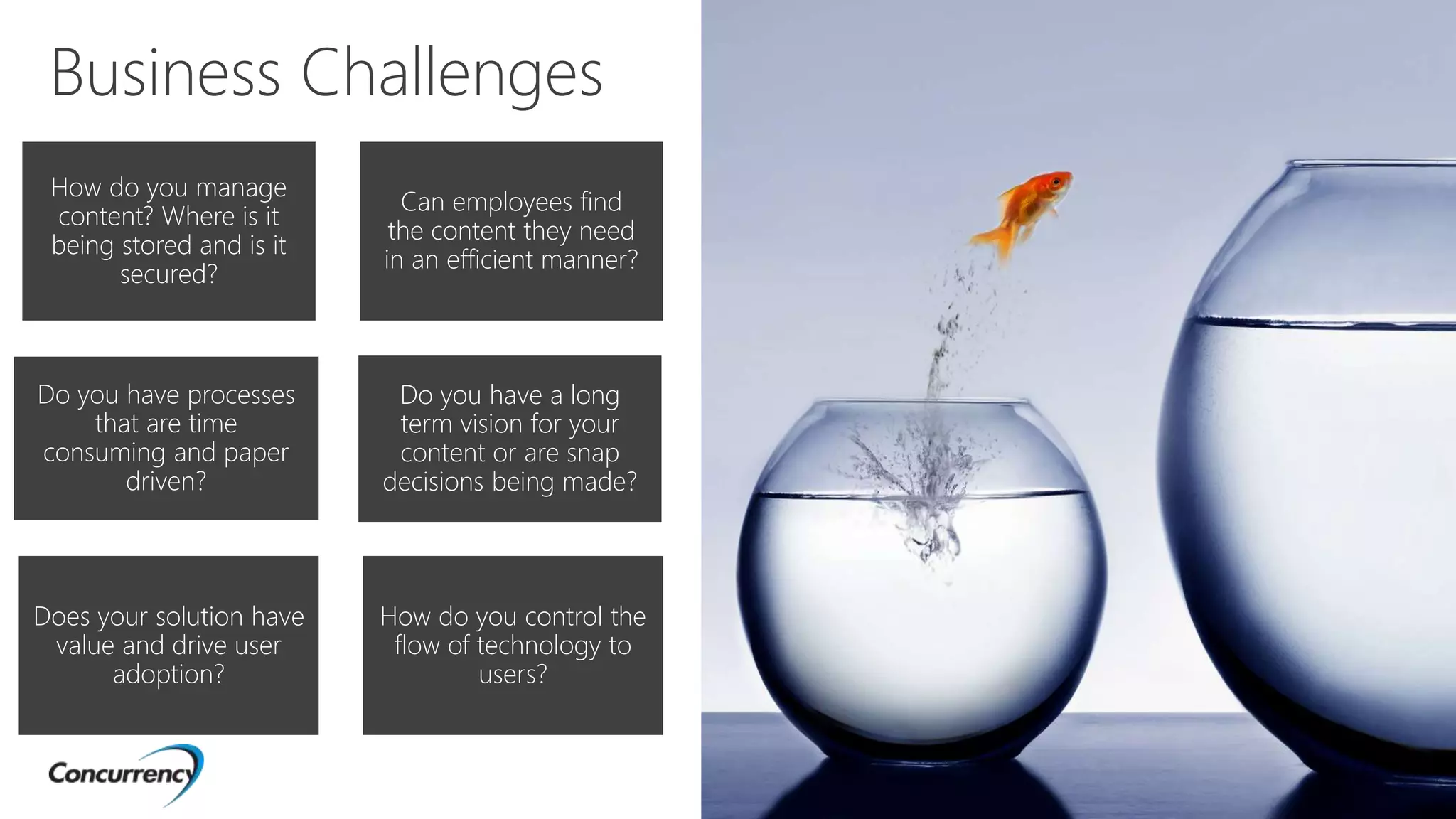 Business Challenges
How do you manage
content? Where is it
being stored and is it
secured?
Can employees find
the content they need
in an efficient manner?
Do you have processes
that are time
consuming and paper
driven?
Does your solution have
value and drive user
adoption?
Do you have a long
term vision for your
content or are snap
decisions being made?
How do you control the
flow of technology to
users?
 