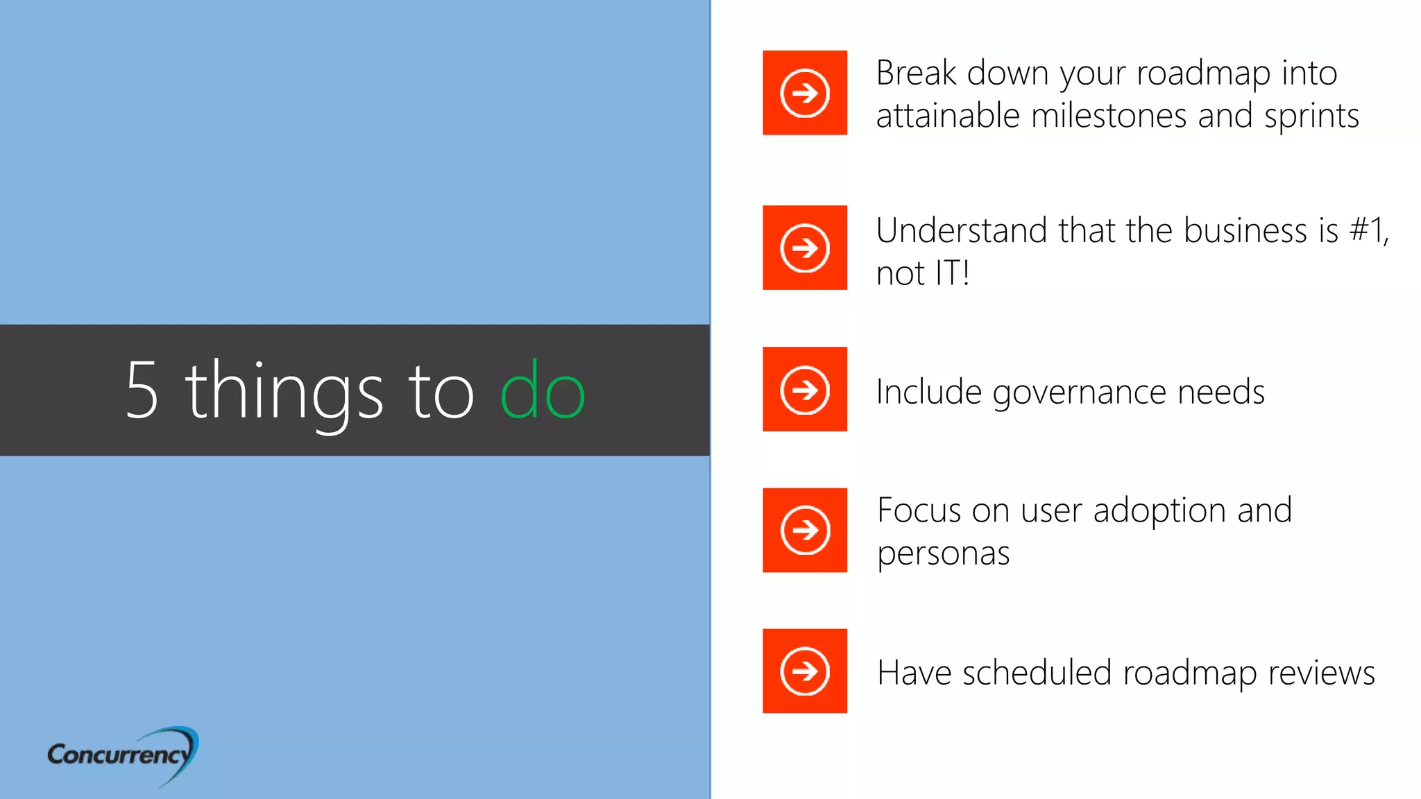Understand that the business is #1,
not IT!
Focus on user adoption and
personas
Have scheduled roadmap reviews
Break down your roadmap into
attainable milestones and sprints
5 things to do Include governance needs
 