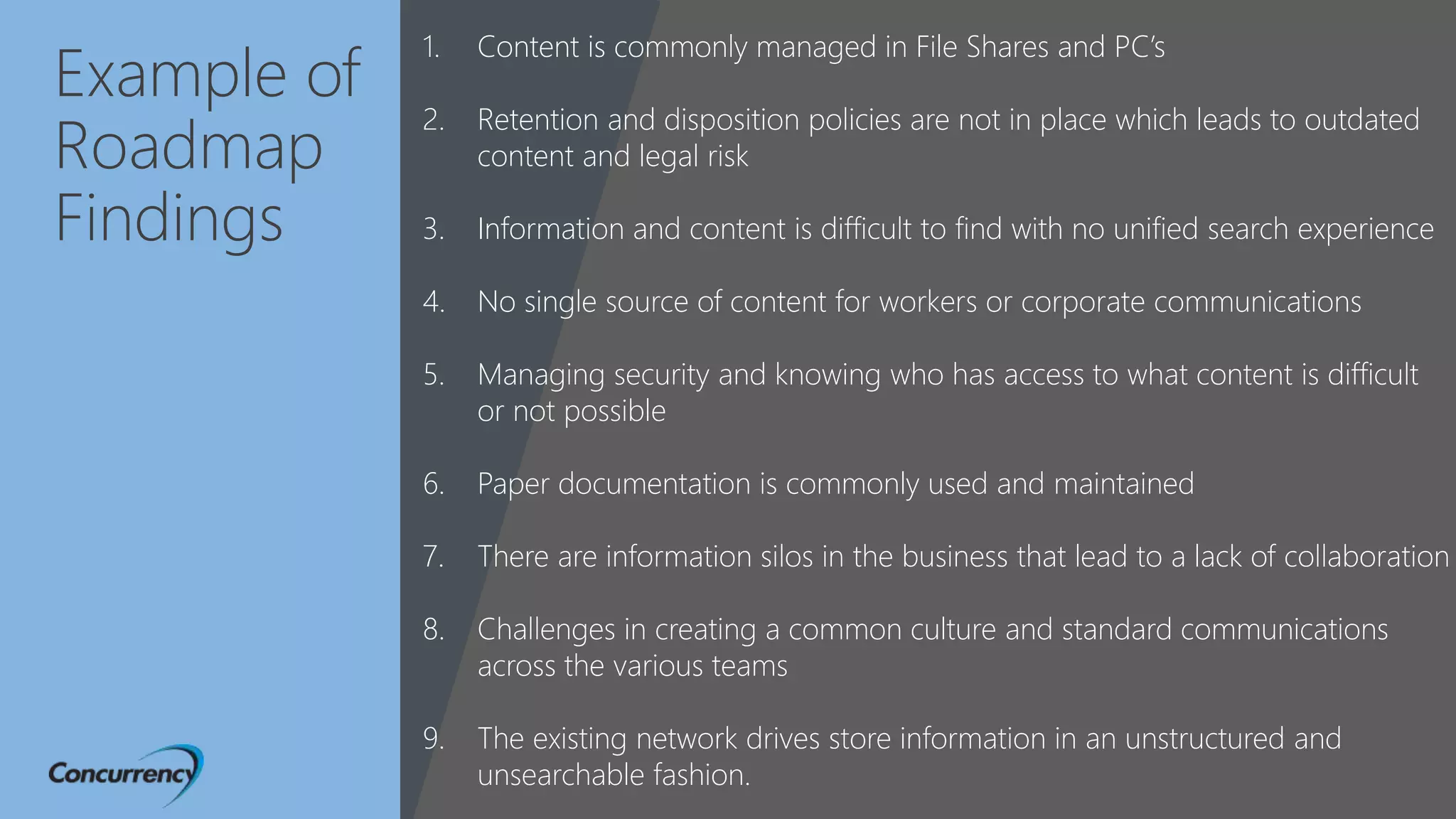 Example of
Roadmap
Findings
1. Content is commonly managed in File Shares and PC’s
2. Retention and disposition policies are not in place which leads to outdated
content and legal risk
3. Information and content is difficult to find with no unified search experience
4. No single source of content for workers or corporate communications
5. Managing security and knowing who has access to what content is difficult
or not possible
6. Paper documentation is commonly used and maintained
7. There are information silos in the business that lead to a lack of collaboration
8. Challenges in creating a common culture and standard communications
across the various teams
9. The existing network drives store information in an unstructured and
unsearchable fashion.
 