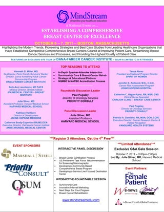 A National Event on…
                                      ESTABLISHING A COMPREHENSIVE
                                       BREAST CENTER OF EXCELLENCE
                                OCTOBER24 – 7, 2011 – – NASHVILLE, TENNESSEE
                                 MARCH 6 – 25, 2011 BOSTON, MASSACHUSETTS
Highlighting the Modern Trends, Pioneering Strategies and Best Case Studies from Leading Healthcare Organizations that
  Have Established Competitive Comprehensive Breast Centers Geared at Improving Patient Care, Streamlining Breast
                   Cancer Services and Processes, and Providing the Highest Quality of Patient Care
        FEATURING AN EXCLUSIVE SITE TOUR OF             DANA-FARBER CANCER INSTITUTE – TOUR IS LIMITED TO 30 ATTENDEES

                                                           TOP REASONS TO ATTEND
           Kenneth D. Miller, MD                   •     In-Depth Speaker-Attendee Interaction                           Tanya Abreu
 Co-Director, Perini Family Survivors' Center;                                                               President and National Program Director
                                                   •     Survivorship Care & Breast Cancer Rehab
  Director, Lance Armstrong Adult Cancer                                                                              SPIRIT OF WOMEN
            Survivorship Program                   •     Strategic & Educational Platform
   DANA-FARBER CANCER INSTITUTE                    •     NQMBC & NAPBC Accreditation Process
                                                                                                               Jennifer E. Axilbund, M.S., C.G.C.
                                                                 _______________                                Cancer Risk Assessment Program
     Beth-Ann Lesnikoski, MD FACS                                                                                JOHNS HOPKINS HOSPITAL
      Medical Director, Breast Institute                  Roundtable Discussion Leader
    JFK MEDICAL CENTER – BREAST
                INSTITUTE                                           Paul Pugsley                           Catherine C. Hagan-Aylor, RN, MSN, CNS
                                                            Director of Oncology Services                           Clinical Nurse Specialist
                                                                                                          CARILION CLINIC – BREAST CARE CENTER
              Julie Silver, MD                                  PRIORITY CONSULT
Assistant Professor, Harvard Medical School
      HARVARD MEDICAL SCHOOL                                             ********************                            Paul Pugsley
                                                                                                                 Director of Oncology Services
                                                              Panel Discussion Leader                                PRIORITY CONSULT
            Kathleen Hertkorn
          Director of Development                               Julie Silver, MD
        JOHNS HOPKINS MEDICINE                                 Assistant Professor                        Patricia A. Gowland, RN, MSN, OCN, CCRC
                                                                                                          Executive Director, Cancer Research Center &
  Catherine Brady-Copertino RN,MS,OCN                      HARVARD MEDICAL SCHOOL                                       Patient Navigation
Executive Director, DeCesaris Cancer Institute                                                                  VANGUARD HEALTH SYSTEMS
   ANNE ARUNDEL MEDICAL CENTER



                                                 ***Register 3 Attendees, Get the 4th Free***
                                                                                                              ***Limited Attendance***
          EVENT SPONSORS
                                                         INTERACTIVE PANEL DISCUSSION                      Exclusive Q&A Gala Session
                                                                                                             October 7, 2011 – 5:00pm-7:00pm
                                                    •    Breast Center Certification Process             Led By: Julie Silver, MD, Harvard Medical
                                                    •    US Preventive Task Force Recommendation                           School
                                                         for Screening Mammography
                                                    •    Developing a Community Based
                                                         Comprehensive Breast Program                                Event Partners:
                                                    •    Developing a Service Line Focused Destination
                                                         Center

                                                        INTERACTIVE ROUNDTABLE SESSION
                                                    •    Survivorship Care
                                                    •    Innovative Internet Marketing
                                                    •    Next Steps For Your Program
                                                    •    Breast Cancer Rehabilitation
                                                               Register Now!!!
                                                            www.mindstreamedu.com
 