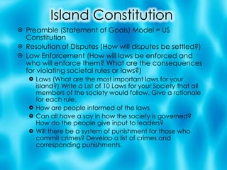 Preamble (Statement of Goals) Model = US Constitution Resolution of Disputes (How will disputes be settled?) Law Enforcement (How will laws be enforced and who will enforce them? What are the consequences for violating societal rules or laws?) Laws (What are the most important laws for your island?) Write a List of 10 Laws for your Society that all members of the society would follow. Give a rationale for each rule. How are people informed of the laws Can all have a say in how the society is governed? How do the people give input to leaders? Will there be a system of punishment for those who commit crimes? Develop a list of crimes and corresponding punishments. 