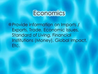 Provide information on Imports /  Exports, Trade, Economic Issues, Standard of Living, Financial Institutions (Money), Global Impact, Etc.  