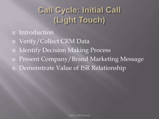    Introduction
   Verify/Collect CRM Data
   Identify Decision Making Process
   Present Company/Brand Marketing Message
   Demonstrate Value of ISR Relationship




                   Sales Call Process
 