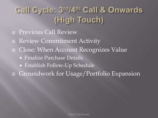    Previous Call Review
   Review Commitment Activity
   Close: When Account Recognizes Value
       Finalize Purchase Details
       Establish Follow-Up Schedule
   Groundwork for Usage/Portfolio Expansion




                         Sales Call Process
 