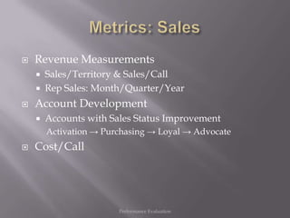    Revenue Measurements
       Sales/Territory & Sales/Call
       Rep Sales: Month/Quarter/Year
   Account Development
       Accounts with Sales Status Improvement
        Activation → Purchasing → Loyal → Advocate
   Cost/Call




                        Performance Evaluation
 