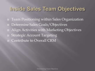   Team Positioning within Sales Organization
   Determine Sales Goals/Objectives
   Align Activities with Marketing Objectives
   Strategic Account Targeting
   Contribute to Overall CRM




                  Determining Team Objectives
 