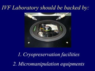 IVF Laboratory should be backed by:
1. Cryopreservation facilities
2. Micromanipulation equipments
 