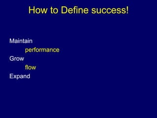 How to Define success!
Maintain
performance
Grow
flow
Expand
 