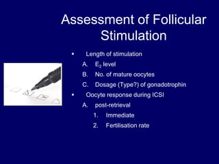 Assessment of Follicular
Stimulation
 Length of stimulation
A. E2 level
B. No. of mature oocytes
C. Dosage (Type?) of gonadotrophin
 Oocyte response during ICSI
A. post-retrieval
1. Immediate
2. Fertilisation rate
 