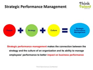 Strategic Performance Management




                                                                    Strategic
People             Strategy                          Culture       Performance
                                                                   Management




 Strategic performance management makes the connection between the
  strategy and the culture of an organization and its ability to manage
  employees’ performance to better impact on business performance



                              Think Talent Services Confidential
 