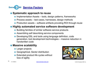 Service Factory

        Systematic approach to reuse
                   Implementation Assets – tools, design patterns, frameworks
                   Process assets – test cases, harnesses, design methods
                   Production assets – software artifacts providing ROI through reuse
        Highly automated service software development
                   Building families of similar software service products
                   Assembling self describing service components
                   Developing DSL and tools using language definition, code
                   generation, tool development technologies – massive reduction in
                   handwritten code
        Massive scalability
                   Larger projects
                   Geographical, Sector distribution
                   Extended product life cycles without
                   loss of agility
10   V1.0 052012                      www.everware-cbdi.com                  © 2012 Everware-CBDI Inc
 