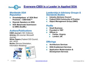 Everware-CBDI is a Leader in Applied SOA

    Worldwide SOA                                    Leadership in Advisory Groups &
    Reputation                                       Standards Bodies
        Knowledgebase of SOA Best                          Industry Advisory Council
        Practices – CBDI-SAE™                              Federal SOA Community of Practice
        Keynote Speakers on SOA                            Object Management Group (OMG)
        SOA Metamodel Submission
        to OMG (SoaML)
                                                     Profile
                                                           Small Business
    Authors/Publications                                   Founded in 1997
    CBDI Journal (130+ Editions)                           Offices in
    Articles (EA Journal, Microsoft                            Fairfax, Virginia
    Journal)                                                   London, UK
    White Papers (Federal CIO Council,
    IAC, AFEI)                                       Offerings
    Books (Service Orientation,
                                                           Architecture Services
    Information Modeling)
                                                           SOA Enablement Services
                                                           Application Modernization &
                                                           Development Services



3    V1.0 052012                   www.everware-cbdi.com                                 © 2012 Everware-CBDI Inc
 